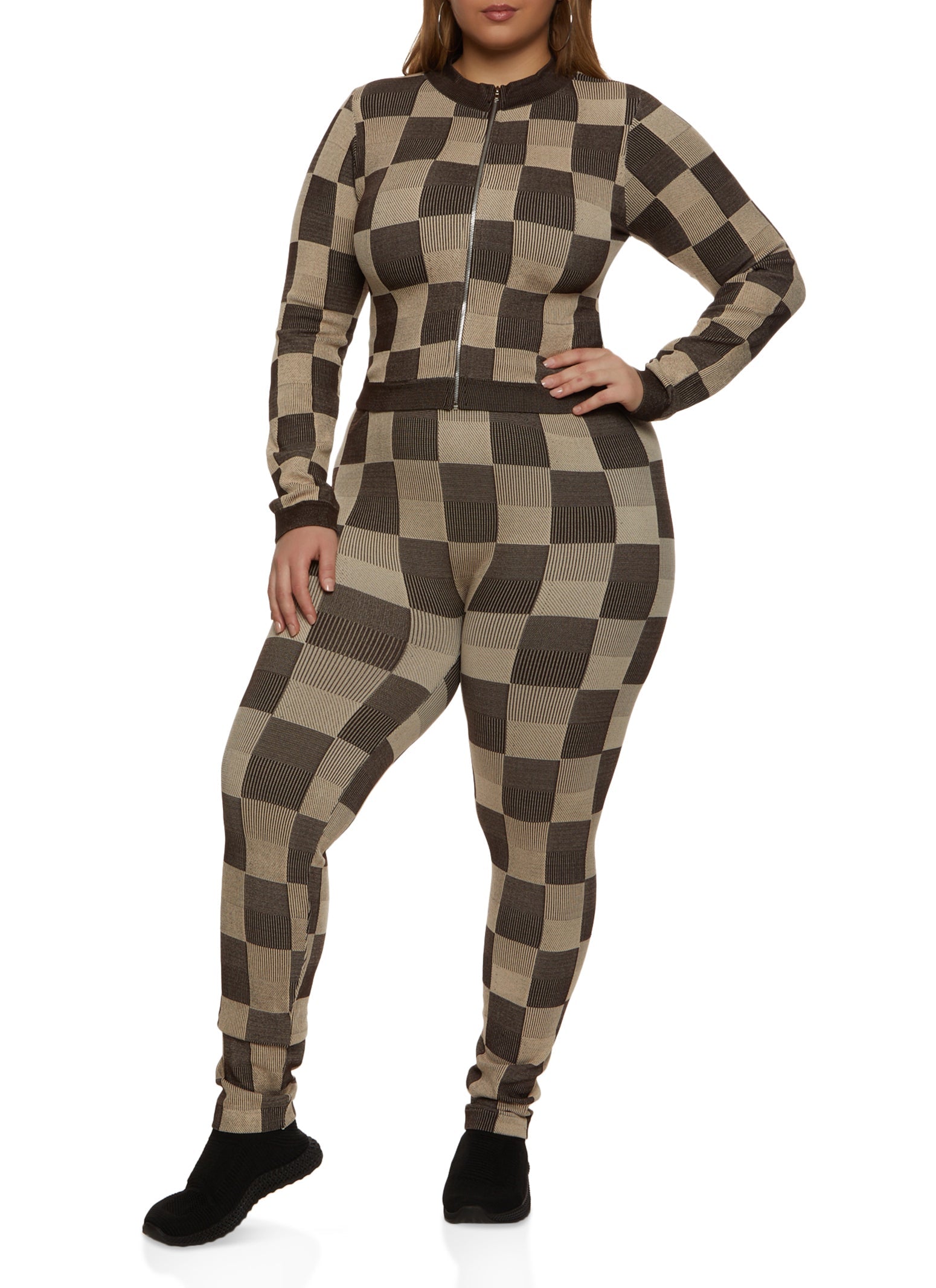 Plus Size Seamless Checkered Track Jacket