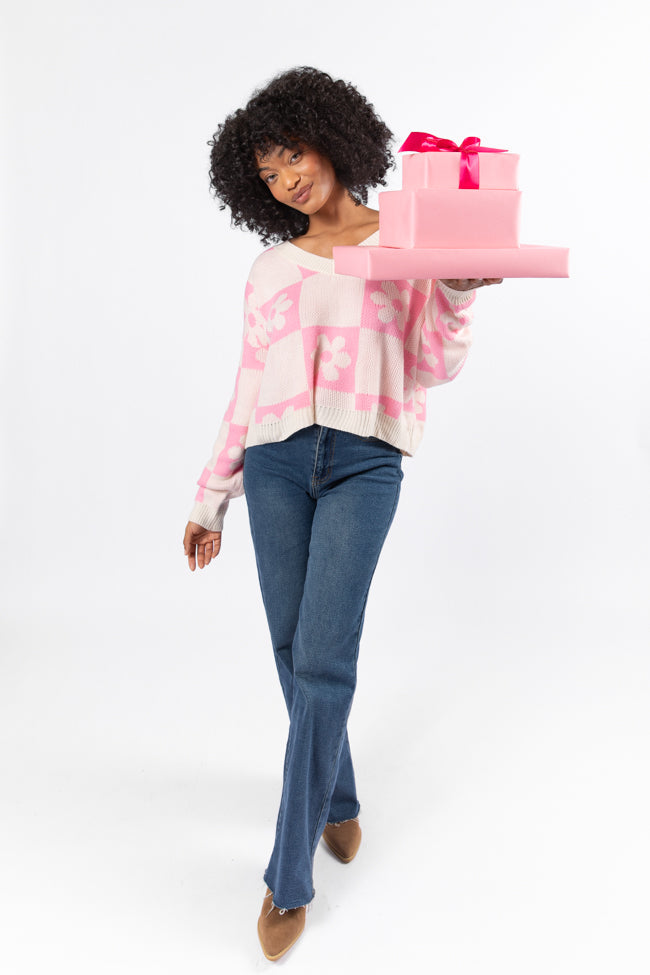 Found A New Way Pink V-Neck Checkered Flower Sweater FINAL SALE