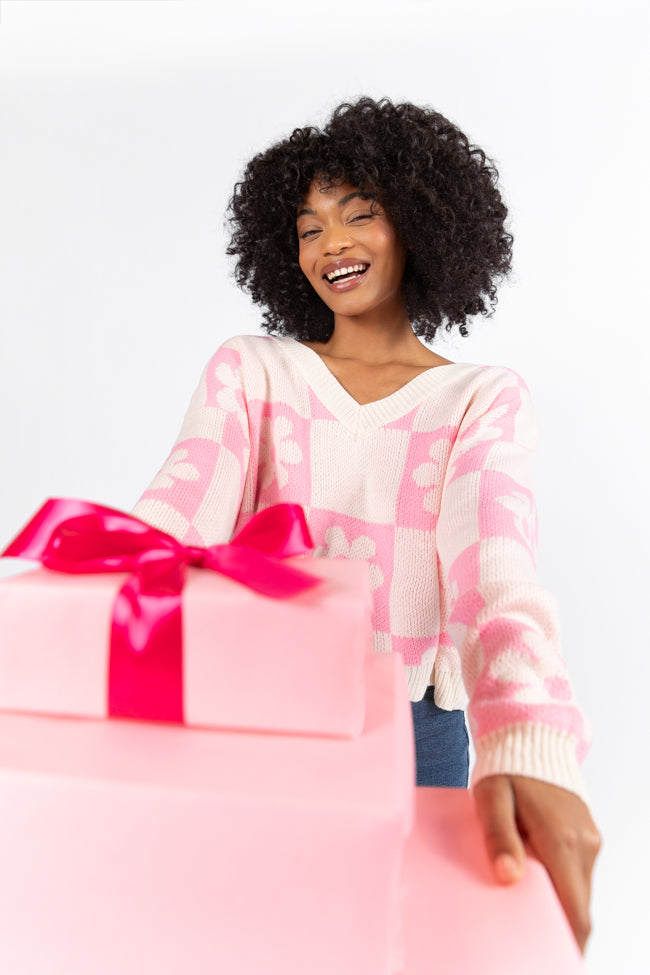 Found A New Way Pink V-Neck Checkered Flower Sweater FINAL SALE