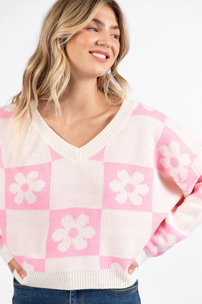 Found A New Way Pink V-Neck Checkered Flower Sweater FINAL SALE