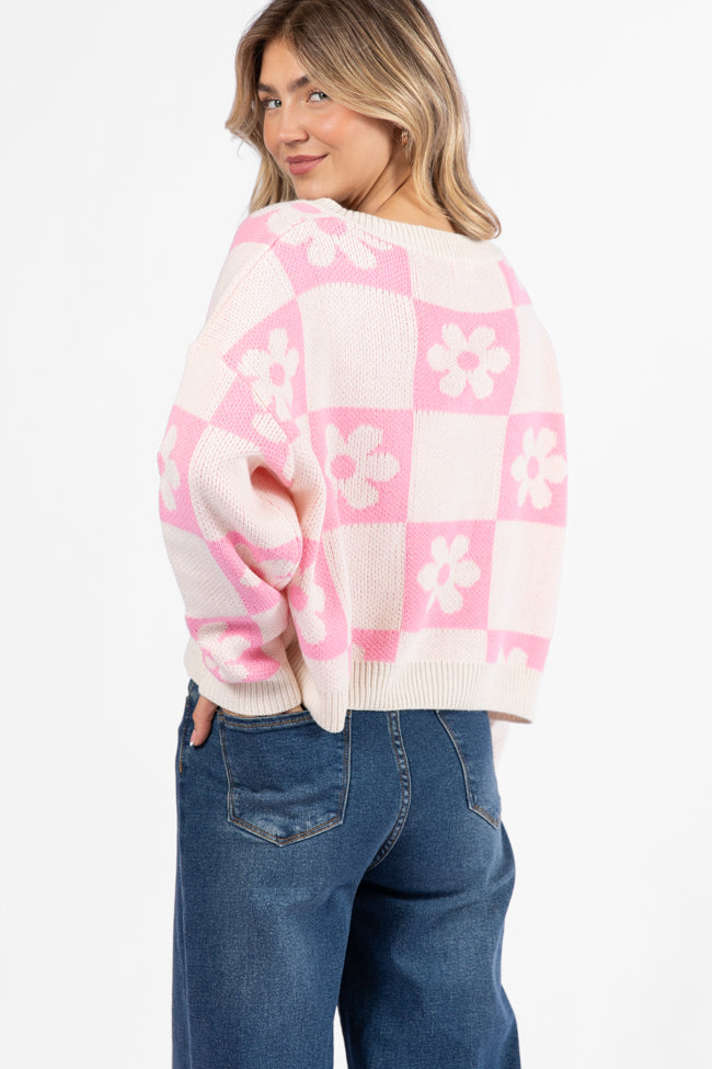 Found A New Way Pink V-Neck Checkered Flower Sweater FINAL SALE