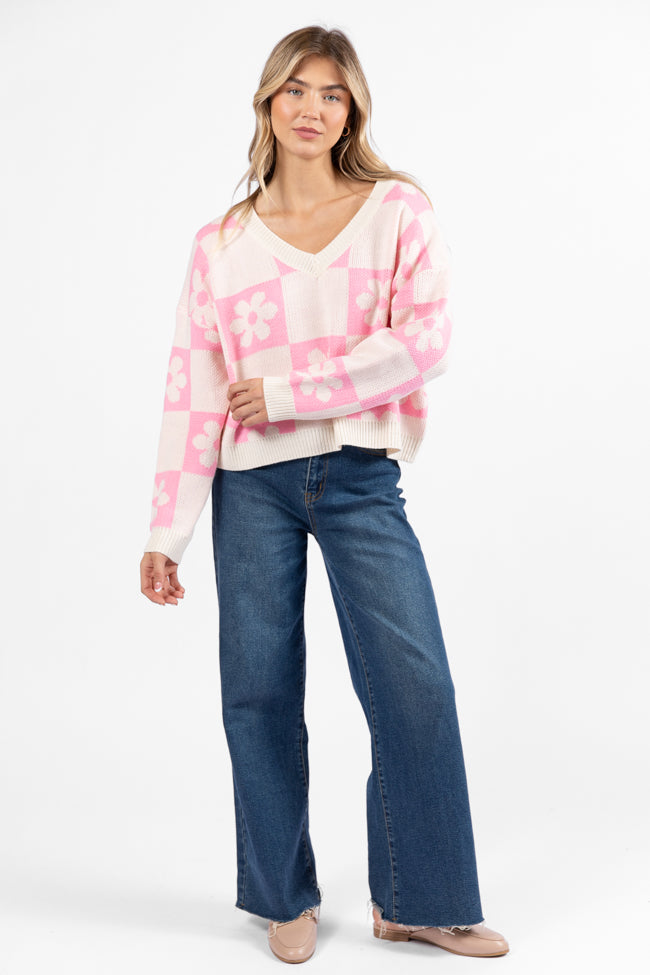 Found A New Way Pink V-Neck Checkered Flower Sweater FINAL SALE