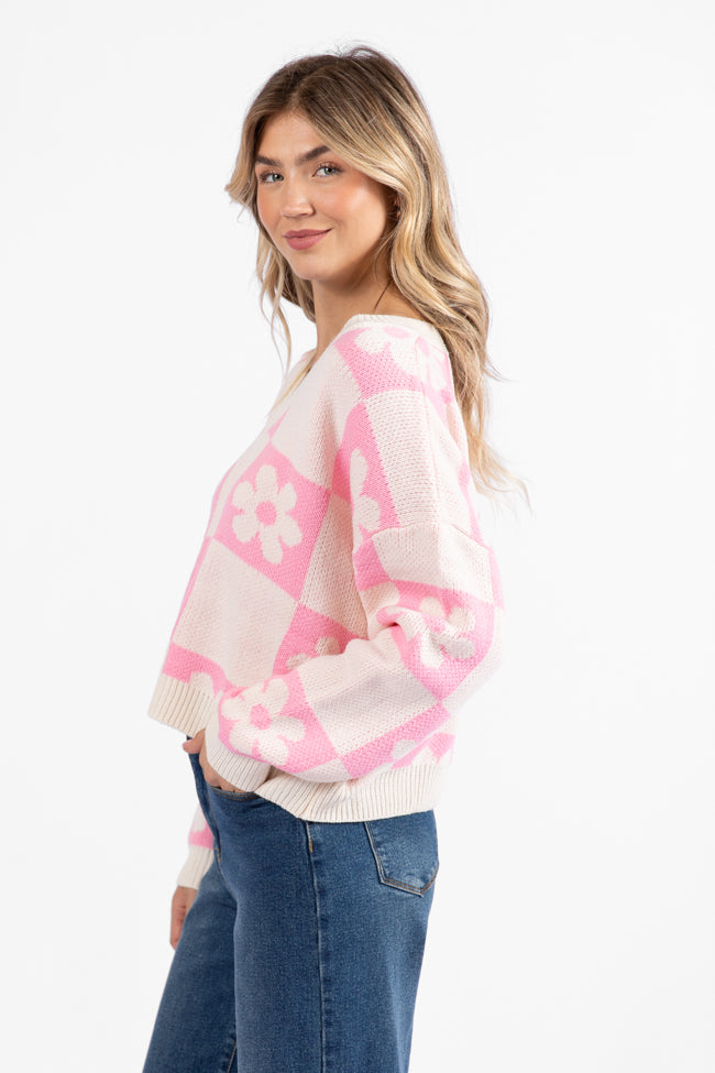 Found A New Way Pink V-Neck Checkered Flower Sweater FINAL SALE