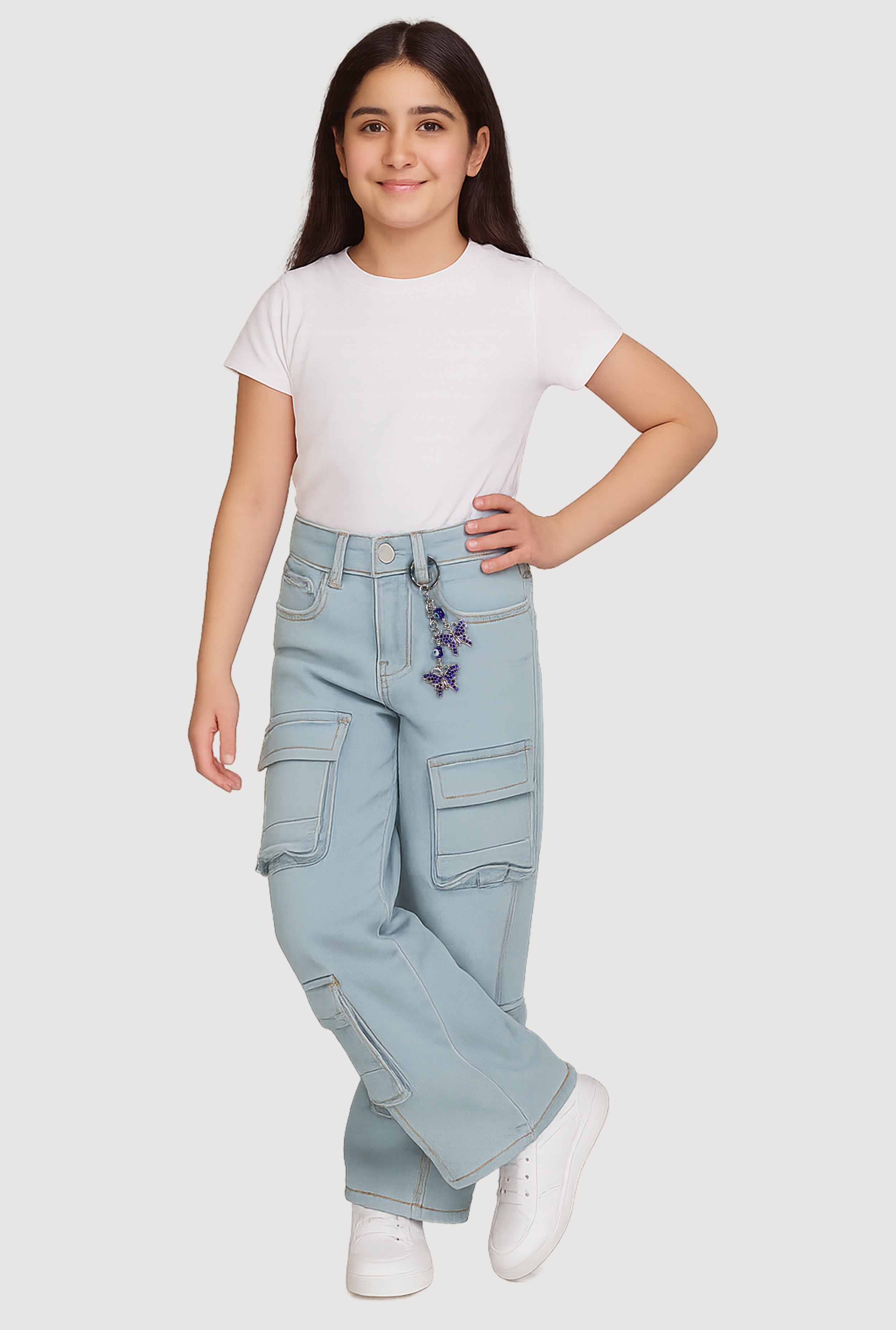 Girls Denim Utility Jeans with Rhinestone Butterfly Charm