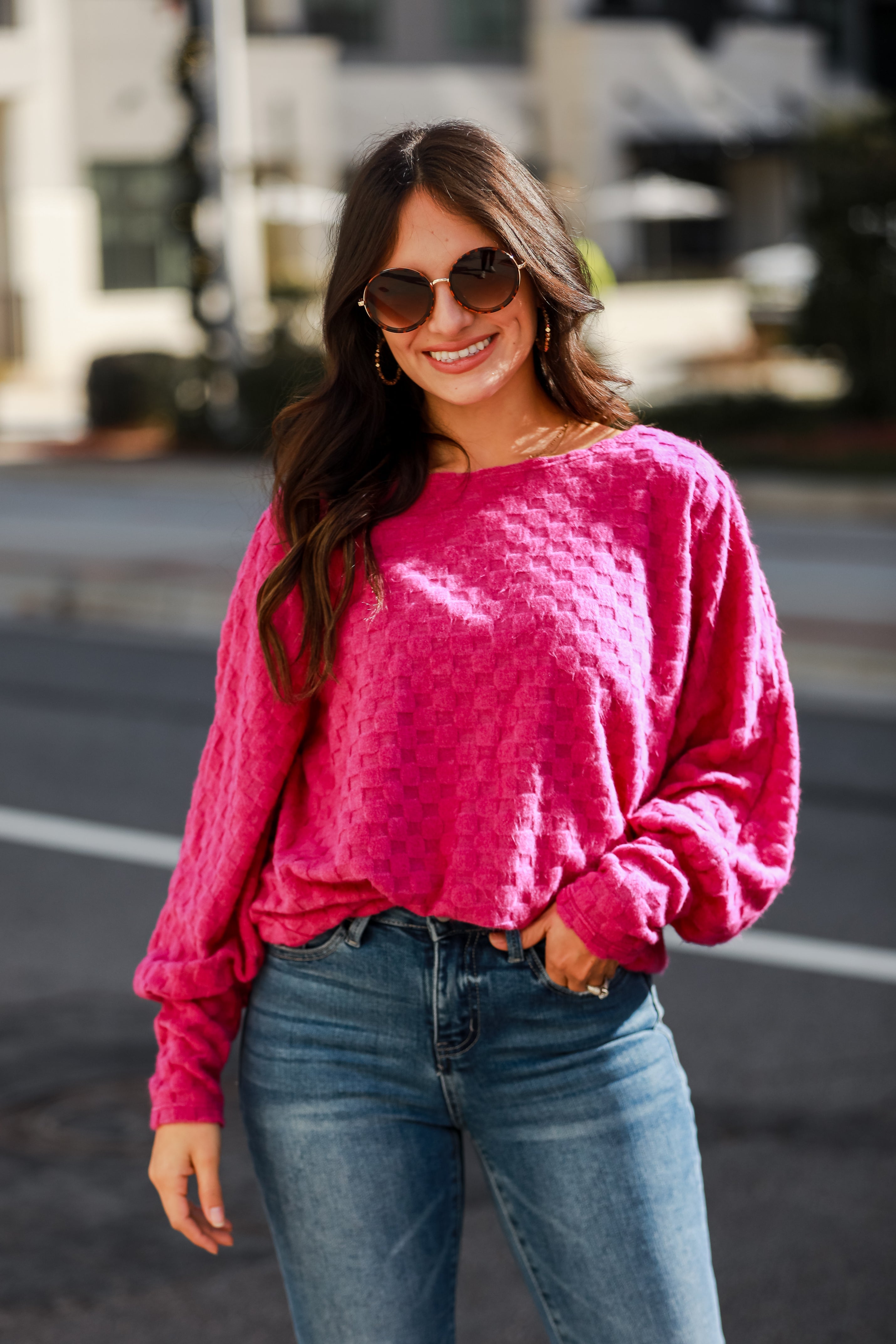 FINAL SALE - Kendall Magenta Checkered Knit Top